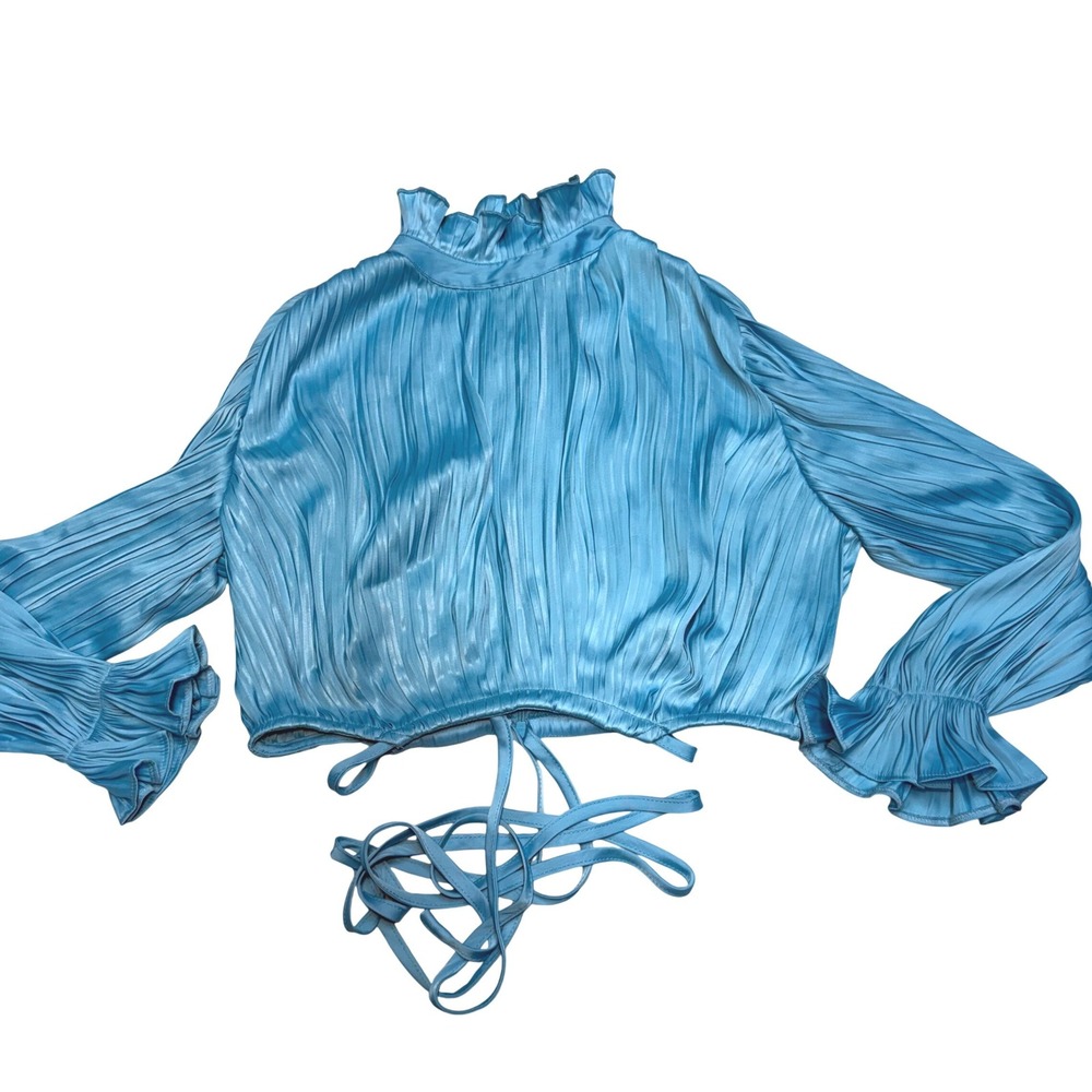NWT Ipekyol Turquoise Pleated Cropped Blouse Ruffle High Neck Mermaidcore